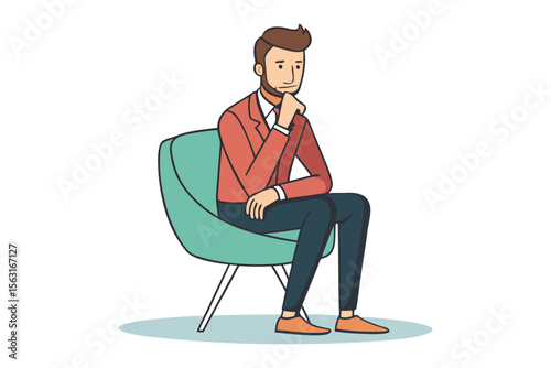 A thoughtful businessman in a coral jacket and dark pants sits on a modern teal chair contemplating with his hand on his chin