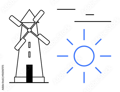 Windmill with rotating blades beside a stylized sun representing renewable energy, eco-friendliness, and nature. Ideal for sustainability, clean energy, rural life, environment, simplicity, climate