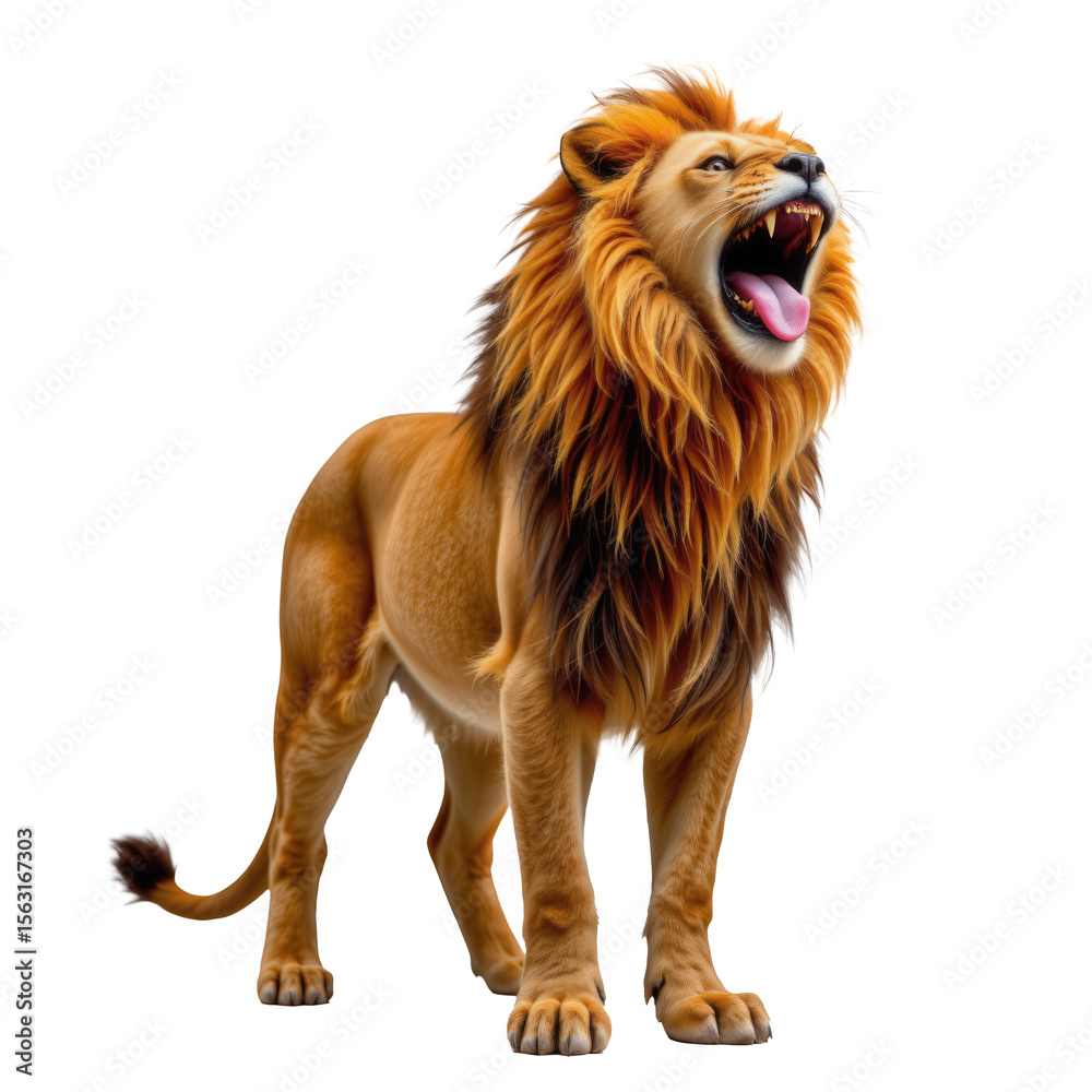 Obraz premium Majestic Lion with Bold Mane Roaring in Wilderness Capturing the Essence of Power and Leadership in Nature