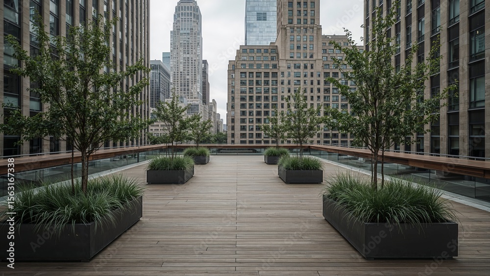 Fototapeta premium Urban rooftop garden with rectangular planters.