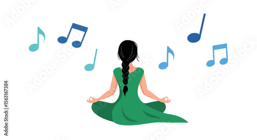 Meditative Harmony: Woman in Lotus Position Surrounded by Music Notes