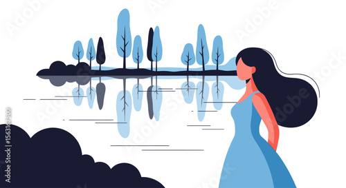 Serene Lakeside Contemplation - Minimalist Illustration