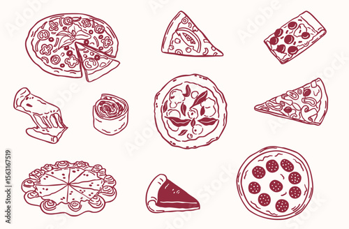Type of pizza illustration sketch hand drawn - vector illustration - slice round square shapes