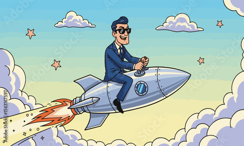 Confident Businessman on Rocket in Cloudy Sky