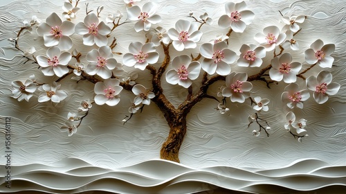 Ornate floral tree design on a textured surface.