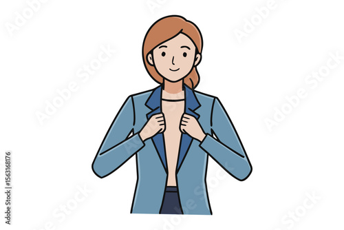 A smiling woman in a blue blazer adjusts her collar with both hands presenting a confident and professional demeanor
