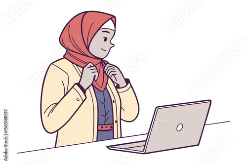 A muslim woman wearing a red hijab and a yellow jacket adjusts her scarf while looking at a laptop computer