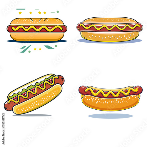  Minimal vector illustration of a hotdog with mustard, hand-drawn lines 