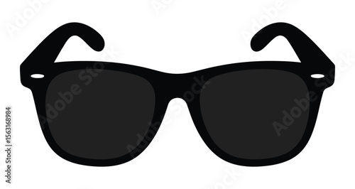 Black sunglasses with dark tinted lenses and thick frame, isolated on white background, stylish fashion accessory for sun protection