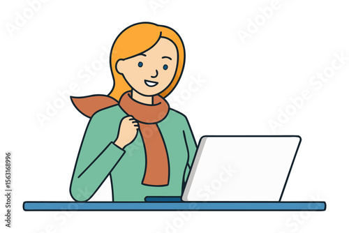 Smiling woman with orange hair and scarf happily working on a laptop computer at a blue desk