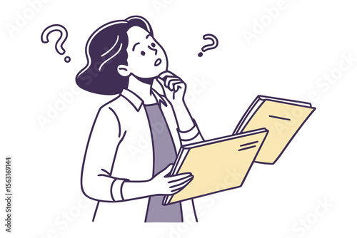 A confused woman holding folders and looking up at question marks contemplating a difficult decision or problem