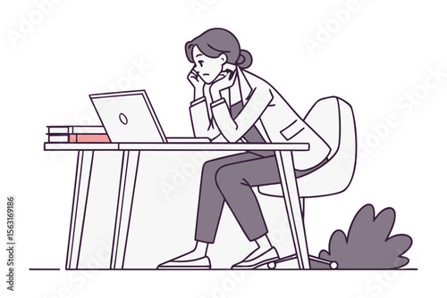 Frustrated businesswoman on phone at desk with laptop and books feeling overwhelmed by work or a difficult situation