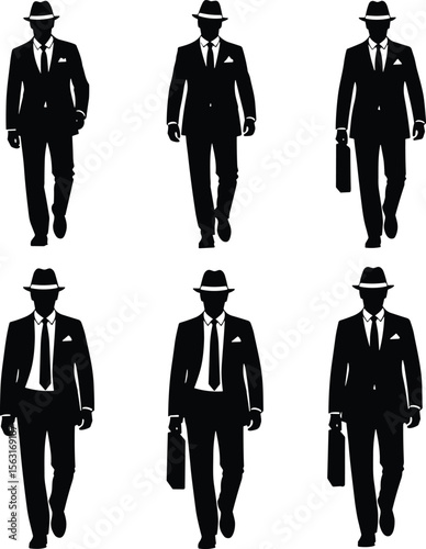 Vintage Detective and Gangster Silhouettes: Stylish Men in Suits with Hats and Briefcases, Representing Classic Era, Espionage, and Business Themes"