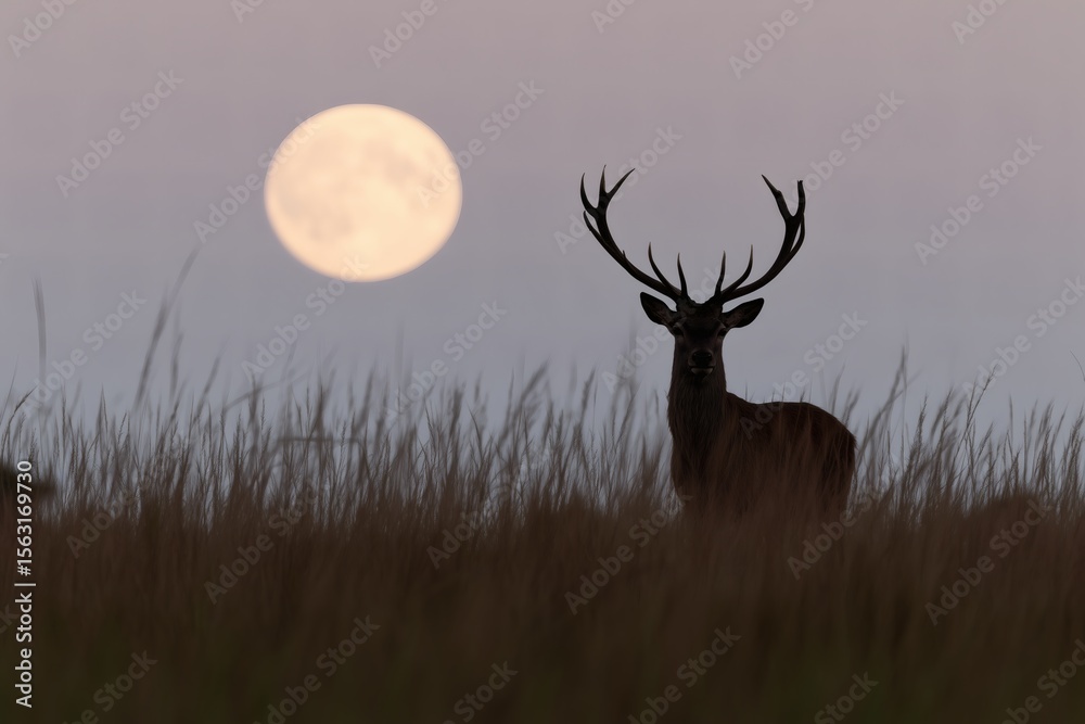 Naklejka premium deer grass dusk, full moon evening, wildlife peaceful concept