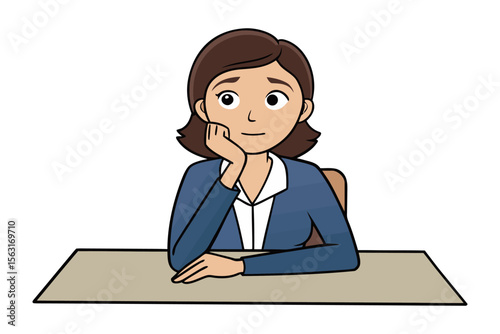 A cartoon illustration of a woman with brown hair wearing a blue blazer and white shirt resting her chin on her hand while sitting at a desk