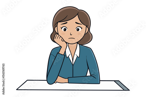 A cartoon woman with brown hair wearing a teal blazer and white shirt looks sad and bored while resting her chin on her hand at a desk