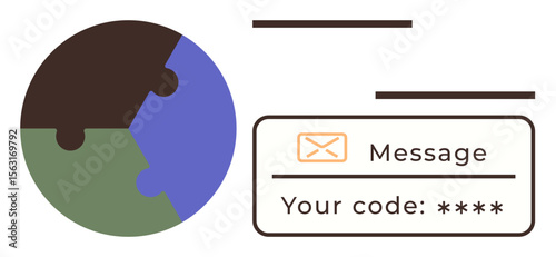 Globe with puzzle pieces, secure message with access code typing. Ideal for security, global network, data protection, online access, secure login, verification two-factor authentication. Simple