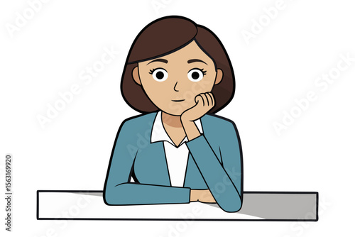 A friendly cartoon woman in a blue blazer and white shirt resting her chin on her hand with a pleasant expression