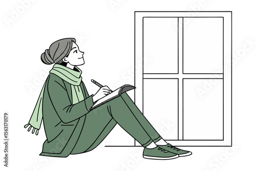 A young woman with her hair in a bun wearing a green coat and scarf sits by a window writing in a notebook