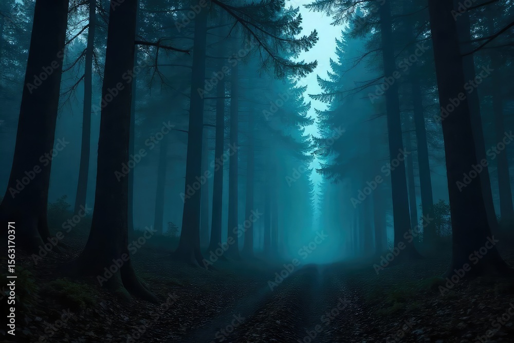Naklejka premium Shadowy Twilight Forest Fog, Mystery, and Hidden Surveillance - Perfect for Thriller, Espionage, or Suspense Film Projects