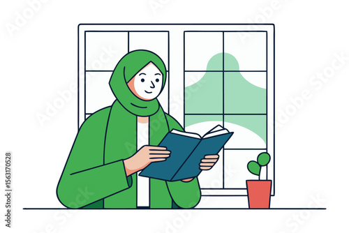 A young woman wearing a green hijab and coat reads a book by a window with a potted plant