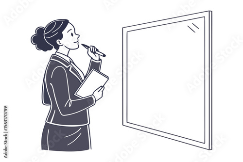 Thoughtful businesswoman holding a pen and notepad contemplating ideas in front of a blank whiteboard