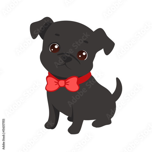 Colored vector icon of a cute black puppy with a red bow around his neck, symbolizing pets, affection, and playfulness. Clean design on a transparent background