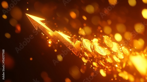 Gold arrow pointing up with coins around, rising stock market graph concept. Business growth 