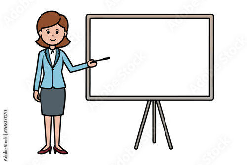 Smiling businesswoman in a blue suit and grey skirt pointing at a blank whiteboard on a tripod with a pointer stick