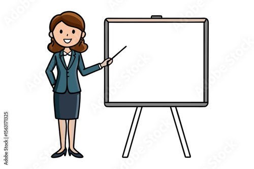 Friendly cartoon businesswoman in a suit pointing at a blank whiteboard on a stand ready for presentation content