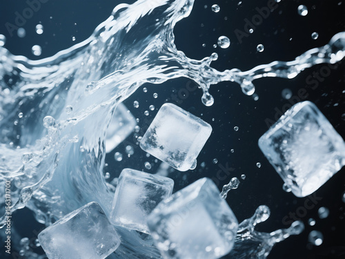 A high-resolution freeze frame capturing ice cubes and splashing water in motion against a dark background. The dynamic water splash and clear ice cubes convey freshness, coldness, and energy