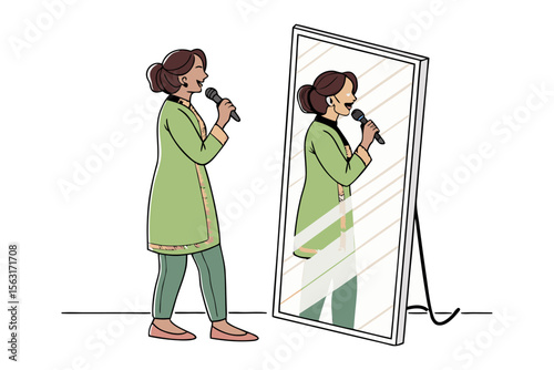 A confident woman practices her speech in front of a mirror holding a microphone and wearing traditional attire