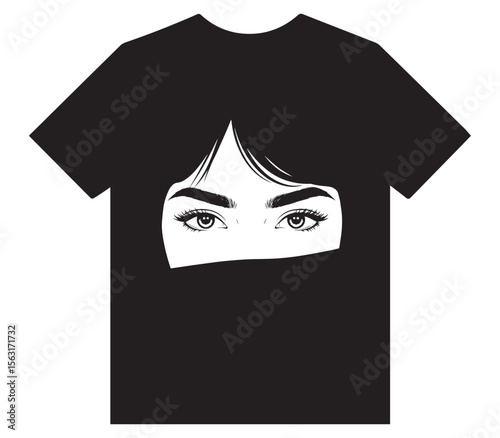 "Minimalist Graphic of Feminine Eyes Peeking from Behind a Veil on a Black T-Shirt"