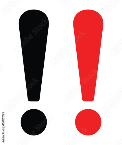 Minimalist vector of black and red exclamation marks on white background, ideal for attention-focused design, alerts, and emphasis.