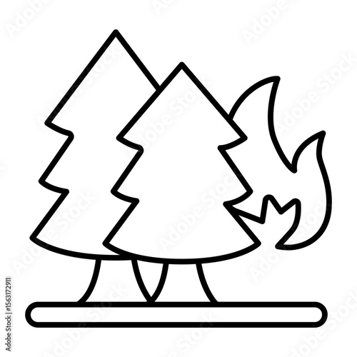 Trees on fire thin line icon, forest firefighter concept. Vector graphics. Burning trees, fire hazard danger sign on white background, style mobile or design.