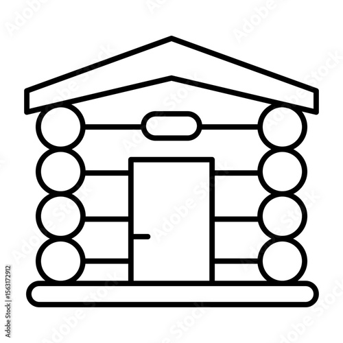 Wooden logs house with door and small window thin line icon, forest industry concept. Vector graphics. Russian bath building sign on white background, style mobile or design.