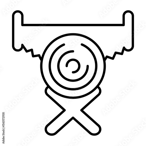 Support stand and log with manual saw thin line icon, forest industry concept. Vector graphics. Tree log sawing, wood work sign on white background, style mobile or design.