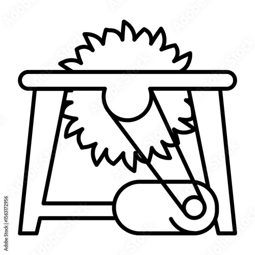 Circular saw workbench with motor thin line icon, forest industry concept. Vector graphics. Wood work equipment, wood sawing sign on white background, style mobile or design.