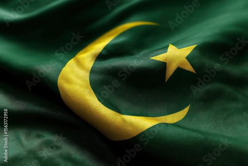 Closeup of a Mauritania flag displaying a golden crescent and star against a green backdrop with visible fabric texture and shadows photo