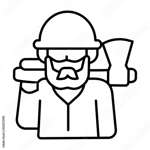 Forester man with beard face and axe thin line icon, forest industry concept. Vector graphics. Wood worker avatar, firewood sign on white background, style mobile or design.