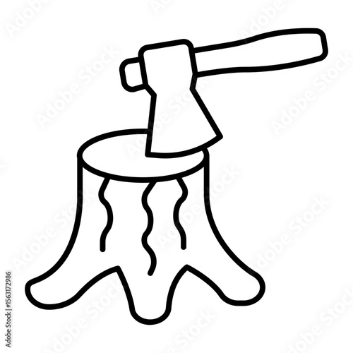 Stump with axe thin line icon, forest industry concept. Vector graphics. Axe tool with tree stump, wood work sign on white background, style mobile or design.