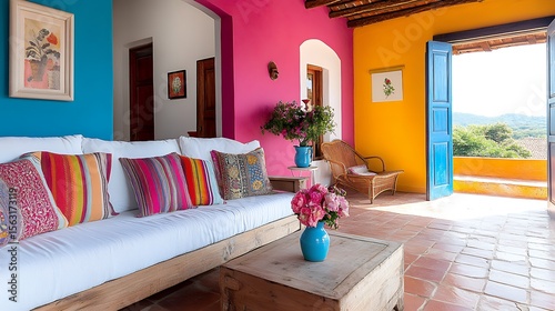 A vibrant living room with colorful walls, a comfy white couch, and fresh flowers creates a cheerful and inviting atmosphere