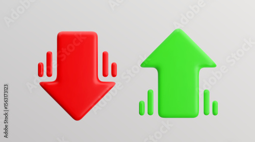 3d green arrow up and red sign down on light background. Vector icon economic growth and decline.