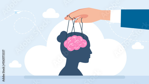 A businessman manipulates a woman's thoughts. A puppeteer controls the brain. Influence, manipulation, control metaphor concept. Businesswoman being controlled by puppet master. Vector illustration