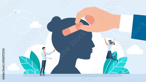 A hand is applying a plaster to a woman's head. Female head and brain covered with plaster. Concept of mental health, dementia, headache. Head trauma, amnesia illustration. Vector illustration