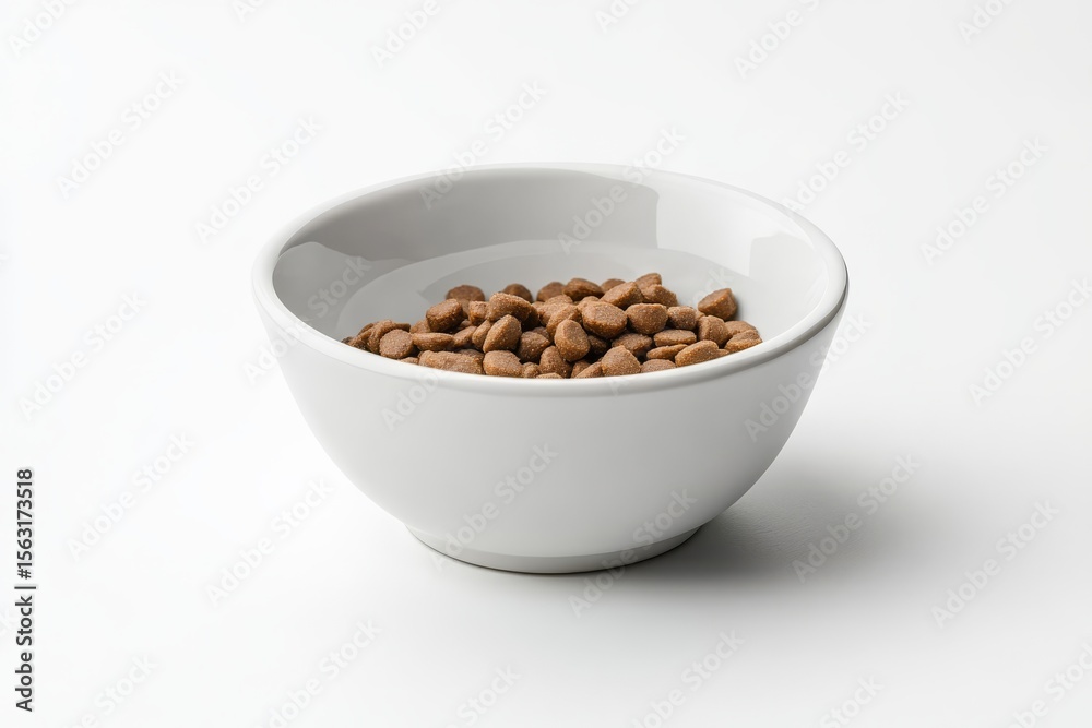 ceramic white pet bowl with pet food in it, straifgt forward shot,on a completely white background ceramic white pet bowl with pet food in it, straifgt forward shot,on a completely white background