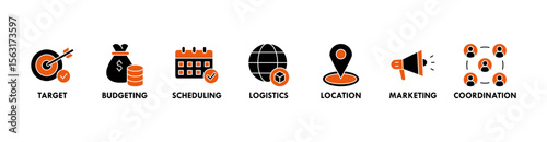 Event management banner web icon vector illustration concept with icon of target, budgeting, scheduling, logistics, location, marketing, and coordination