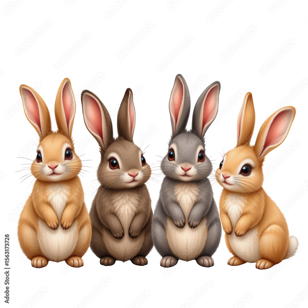 Fototapeta premium Four Cute Cartoon Rabbits Sitting Together with Charming Expressions in Vibrant Colors
