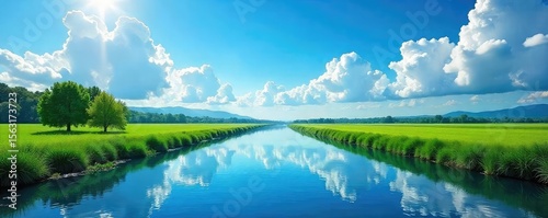 Serene River Reflecting Azure Sky Picturesque Tranquil Scene of Natures Idyllic Beauty, Perfect for Travel and Serenity Themes
