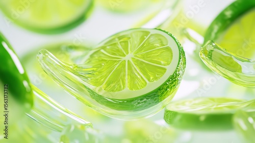 slices of juicy green lemon made of shiny plastic floating, white isolated background